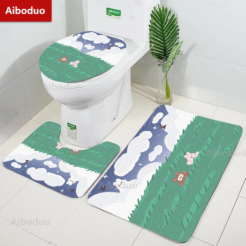 

Aiboduo Customized Cartoon Bear 3pcs/set Toilet Lid Cover Set Restroom Rug S M NonSlip Carpet BathMat Green Warm Home Decoration