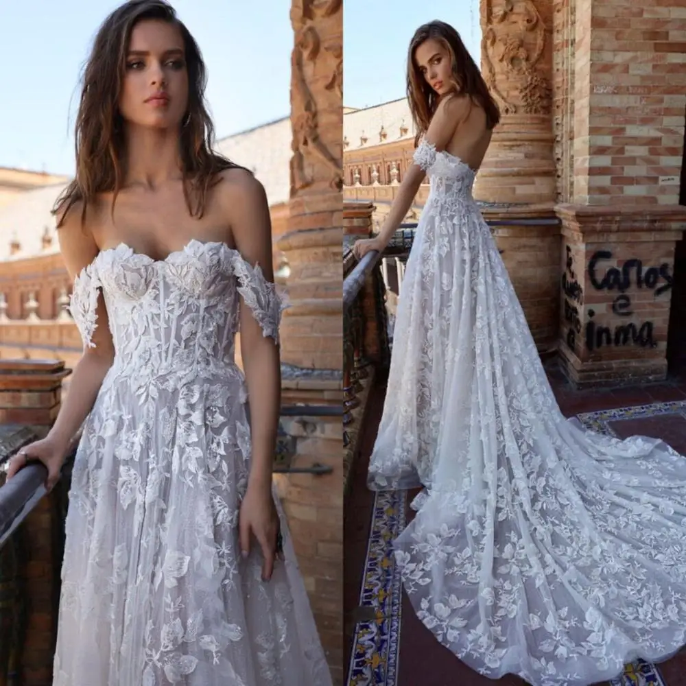 Sexy uma linha vestidos de casamento querida rendas apliques vestidos de noiva feitos sob encomenda aberto volta trem varredura vestido de casamento