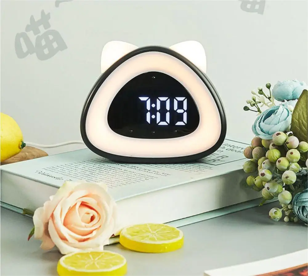 

Alarm Cock Led Digital Clock Bedside Table Clock Wakeup Lamp Cat-Shaped Desk Sound Controlled Electronic Clock With Thermometer