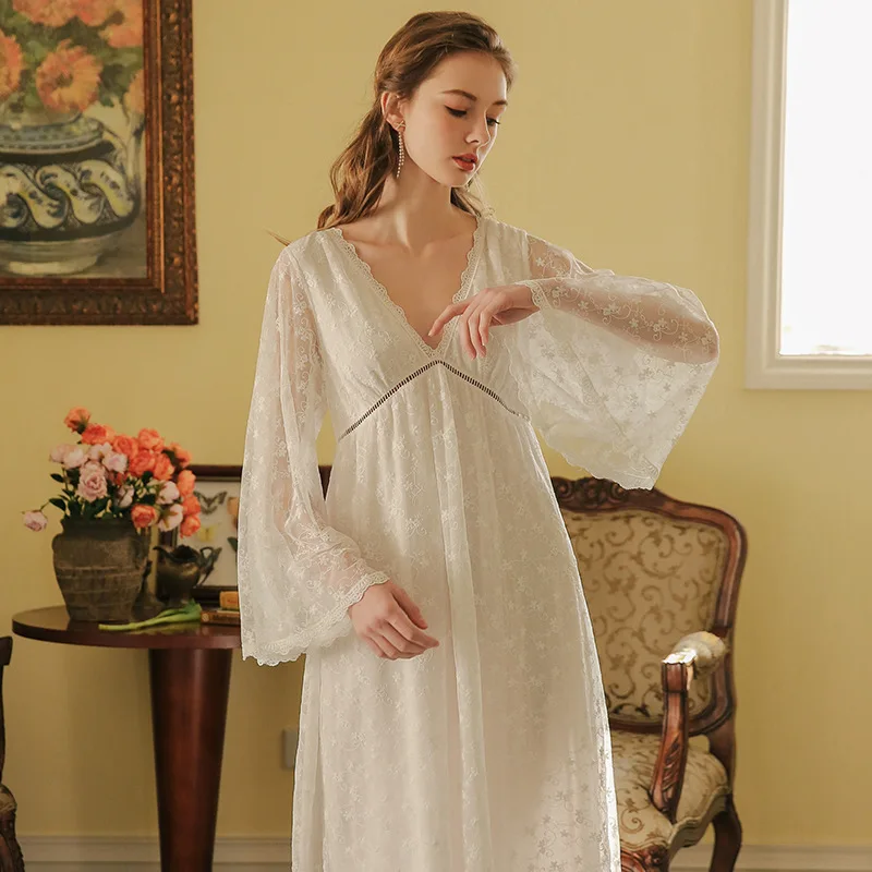 

Nightgown Women Long Sleeve Nightdress Sleepwear Lace White Dress Princess Lady Gowns Palace Vintage Nightgown Aestheticism