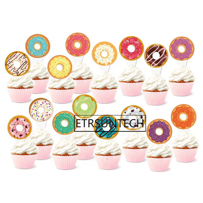 

100sets Cute Cartoon Donut Shaped Paper Cake Decorating Topper Cake Decoration Insert Cake Picks Cupcake Toppers Birthday Party