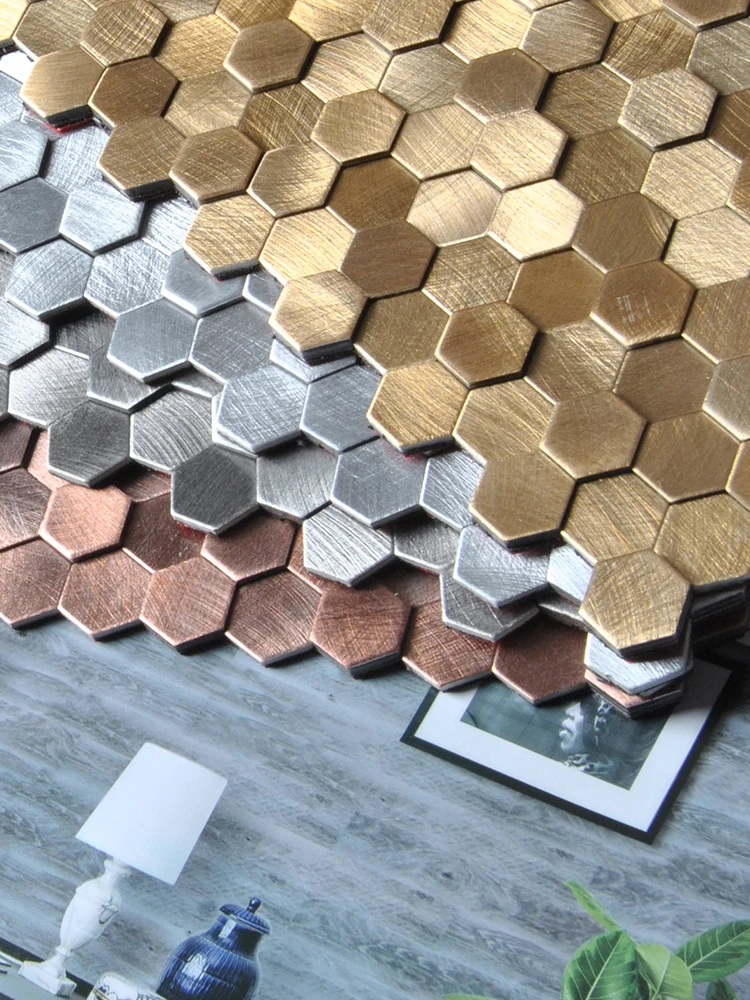 One BOX 11 Pieces Self-Adhesive Concave 3D Metal Mosaic Tile Aluminum Hexagon Metal Mosaic for Counter Living Room TV Background