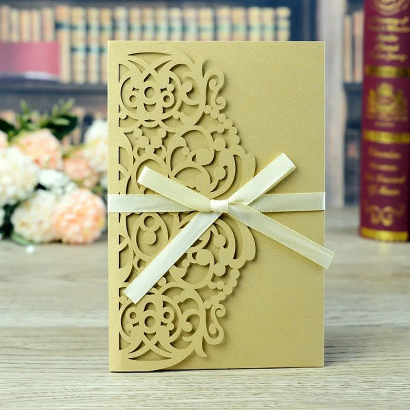 1pcs Laser Cut Wedding Invitations Card Tri-Fold Elegant Lace Business Flowers Greeting Cards & Ribbon Wedding Party Decoration