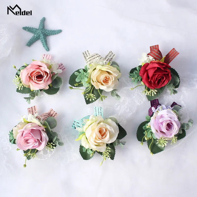 Meldel Zijde Rose Boutonniere Mannen Corsage Bruiloft Corsage Armband Bruidsmeisje Flowerwedding Bruidegom Knoopsgat Huwelijk Accessoires