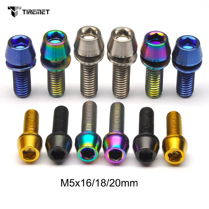 Tiremet 6Pcs M5x16/18/20/27/32/37mm Allen Hex Tapered Head Titanium Ti  Stem Bolts Screw With Washer For Bicycle Stem