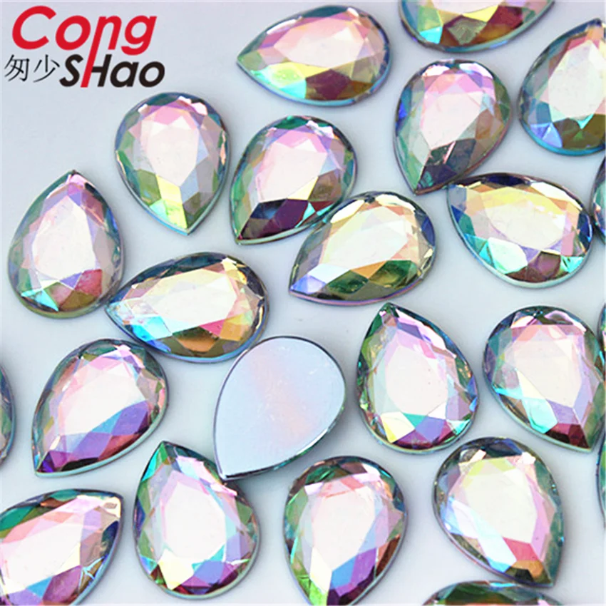 Cong Shao 50pcs 13*18mm Colorful Acrylic Rhinestone Flat Back Drop Shape Stones And Crystals Clothing Crafts Accessories WC452