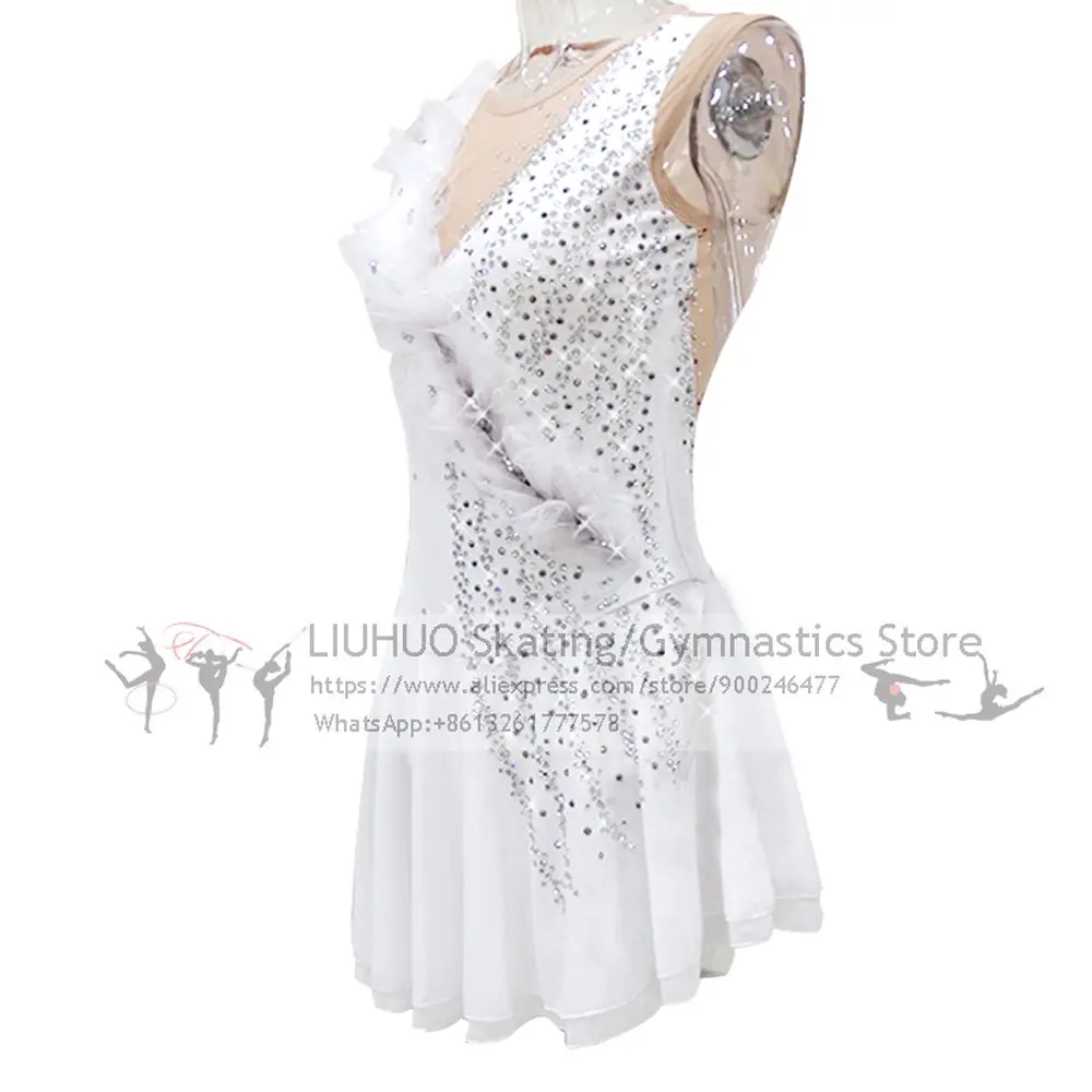 Ice Skating Dress Girls White Flower Spandex Elastane High Elasticity Competition Skating Wear Handmade Jeweled Rhin