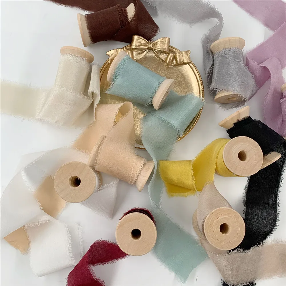 Ins Style Real 100% Pure Silk Ribbon By Woodenspools Frayed Edged Ribbon Wedding Party Bridal ribbon Invitations card ribbon