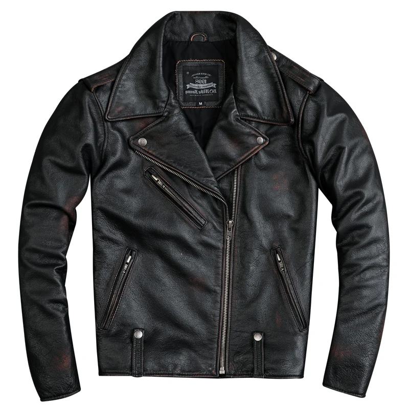 

2020 Vintage Black Men Slim Fit American Motorcycle Leather Jacket Plus Size XXXXL Genuine Cowhide Biker's Coat FREE SHIPPING