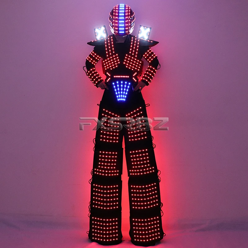 Trajes LED Robot Costume RGB Change Color LED Clothing Helmet Stilts Walker Robot Suit With Laser Gloves