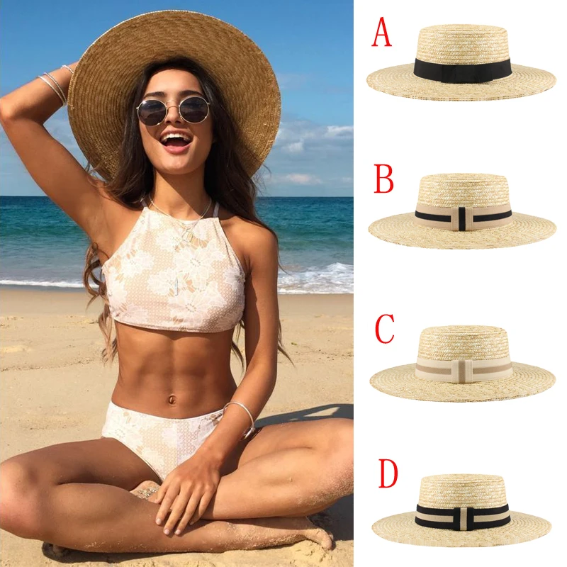 

Men Women Straw Flat Top Boater Hats Wide Brim Sailor Caps Summer Sombrero Beach Sunhat Outdoor Sunbonnet Size US 7 1/4 UK L