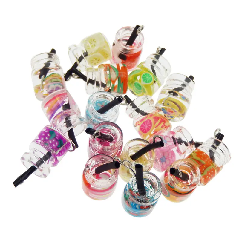 Julie Wang 10PCS Glass Bottle Charms Random Mixed Resin Fuit Flower Juice Pendant Bracelet Jewelry Making Accessory