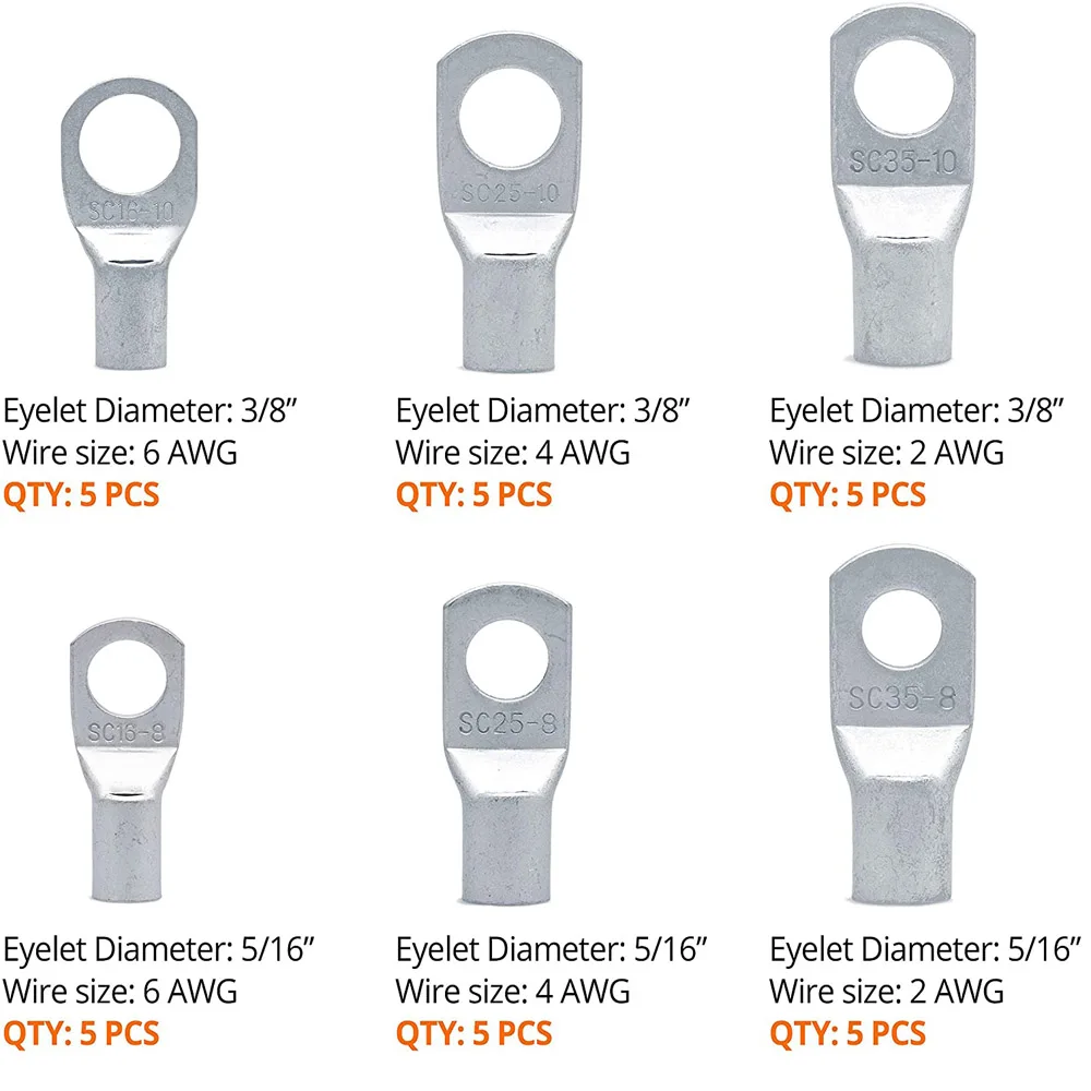 NST 30 PCS Tinned Copper Wire Lugs - Battery Cable Ends - Crimp Wire Connectors - Ring Terminals - 6-2 AWG