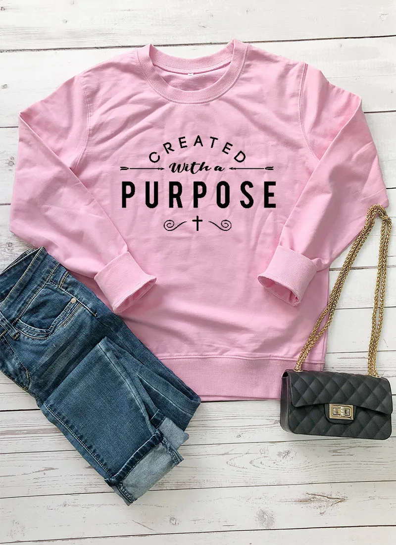 Spring Created with A Purpose Sweatshirt Funny Cotton O-Neck Fashion Clothing Hoodies 100% Cotton Christian Faith Jumper Tops