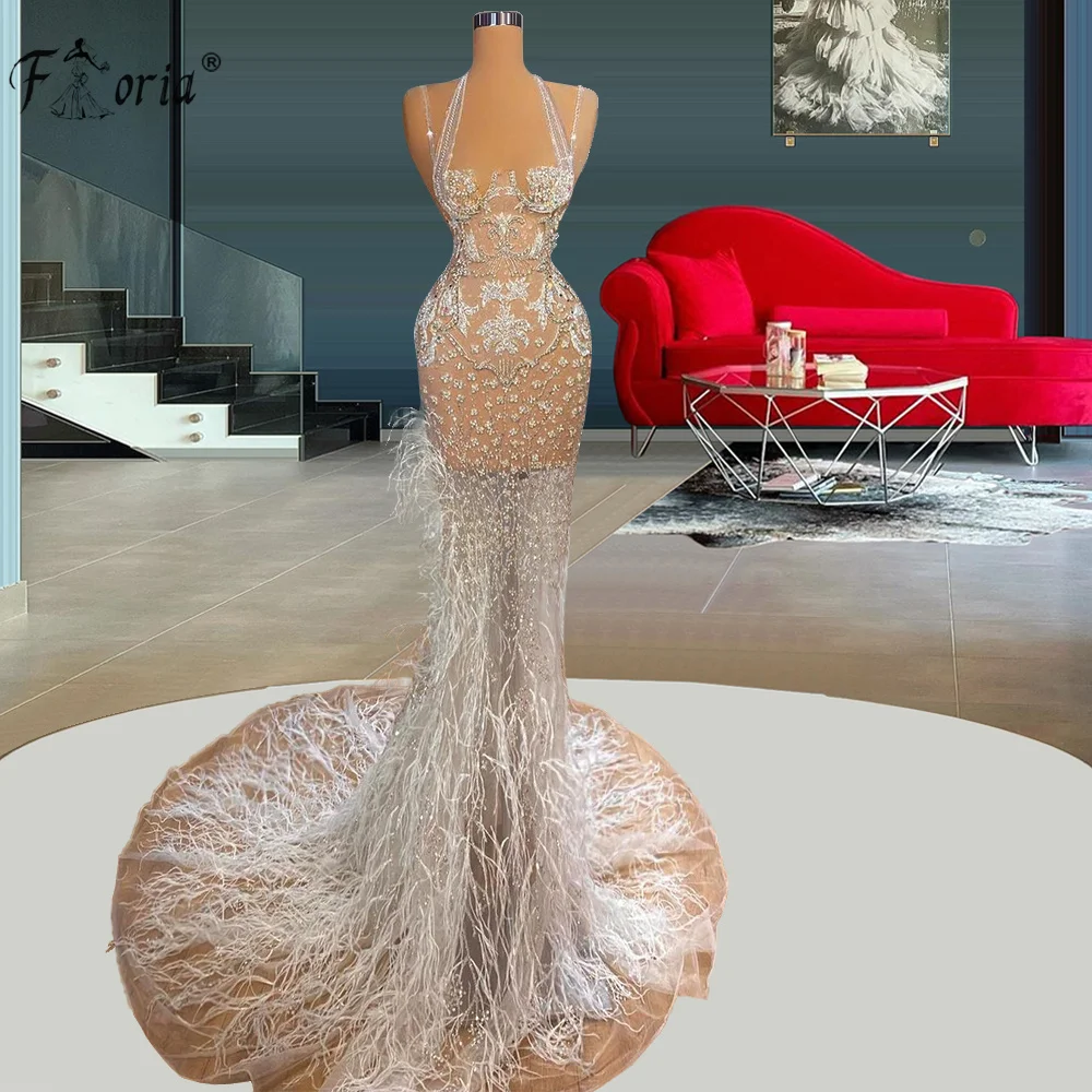 

Illusion Halter Neck Mermaid Evening Dresses 2021Sexy Luxury Rhinestones Feathers Beading Pageant Gowns Vestido De Festa