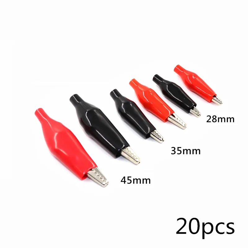Mini pinzas de prueba de cocodrilo, sonda de prueba recubierta de plástico suave, color negro y rojo, 28MM, 35MM, 44MM, 20 unidades