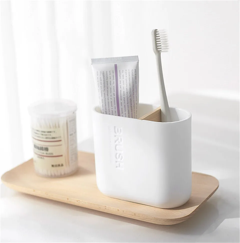 White Simple Home Bathroom Supply Bamboo Soap Dish Mouthwash Cup Toothbrush Holder Storage bottle Wash Rack Bathroom Wash Set