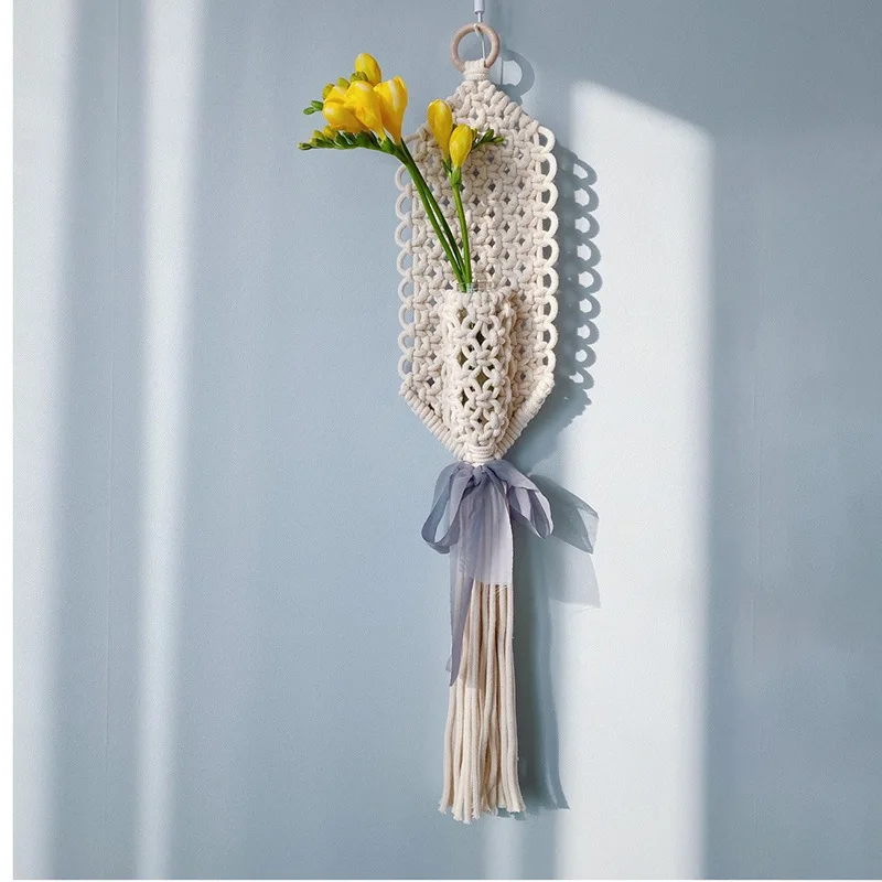 Hand-woven Tapestry Cotton Rope Net Bag Flower Basket Wall Hanging Bohemian Tapestries Macrame Plant Hanger Decoration