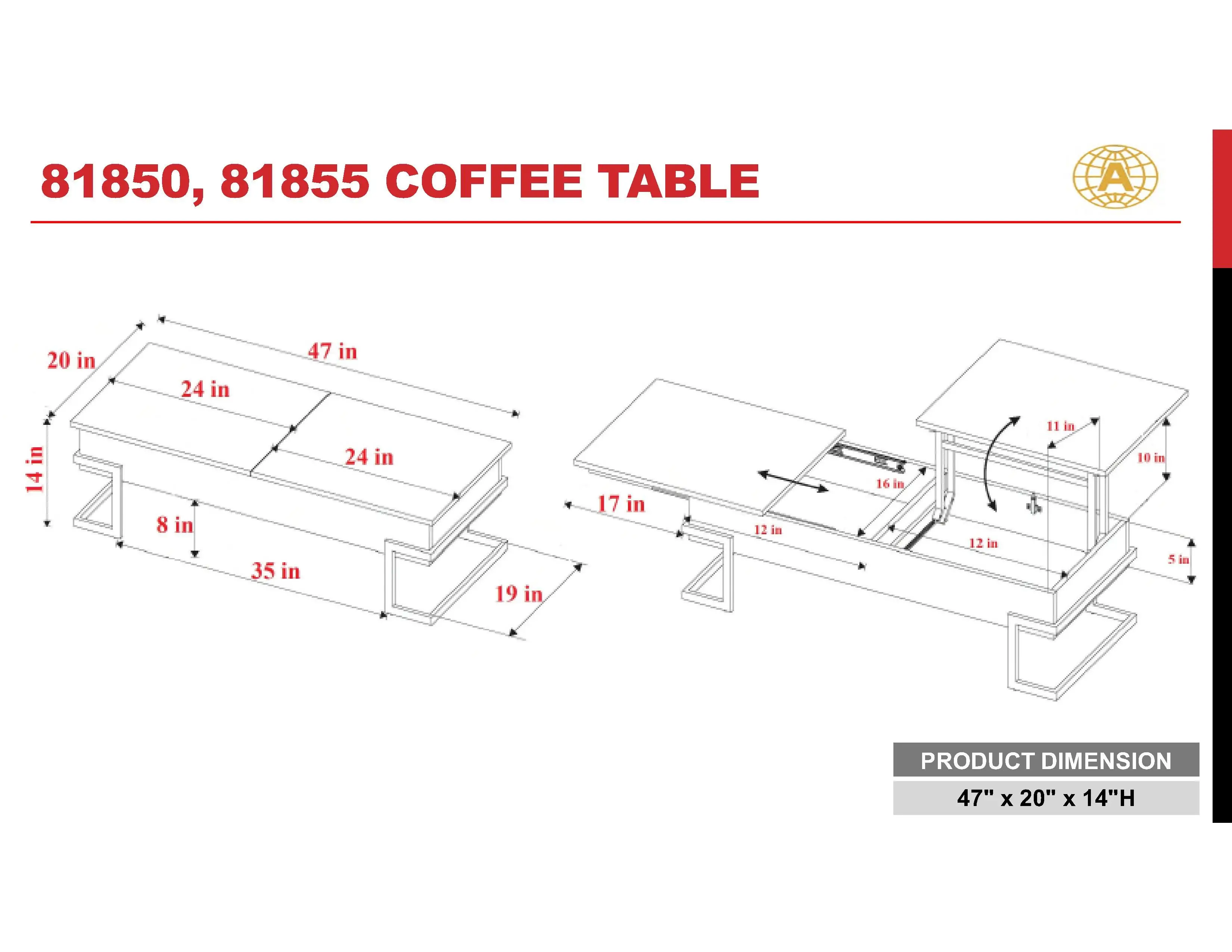 Calnan Coffee Table Rectangular w/ Lift Top & 2 Storage Compartments White Finish& Chrome Foot[US-Stock]