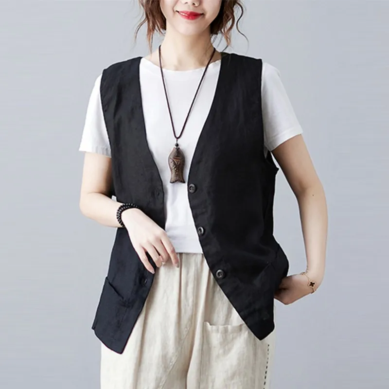 Women Cotton Linen Casual Vests Jackets New Arrival 2021 Summer Vintage Style V-neck Solid Color Loose Female Vest Coats B267