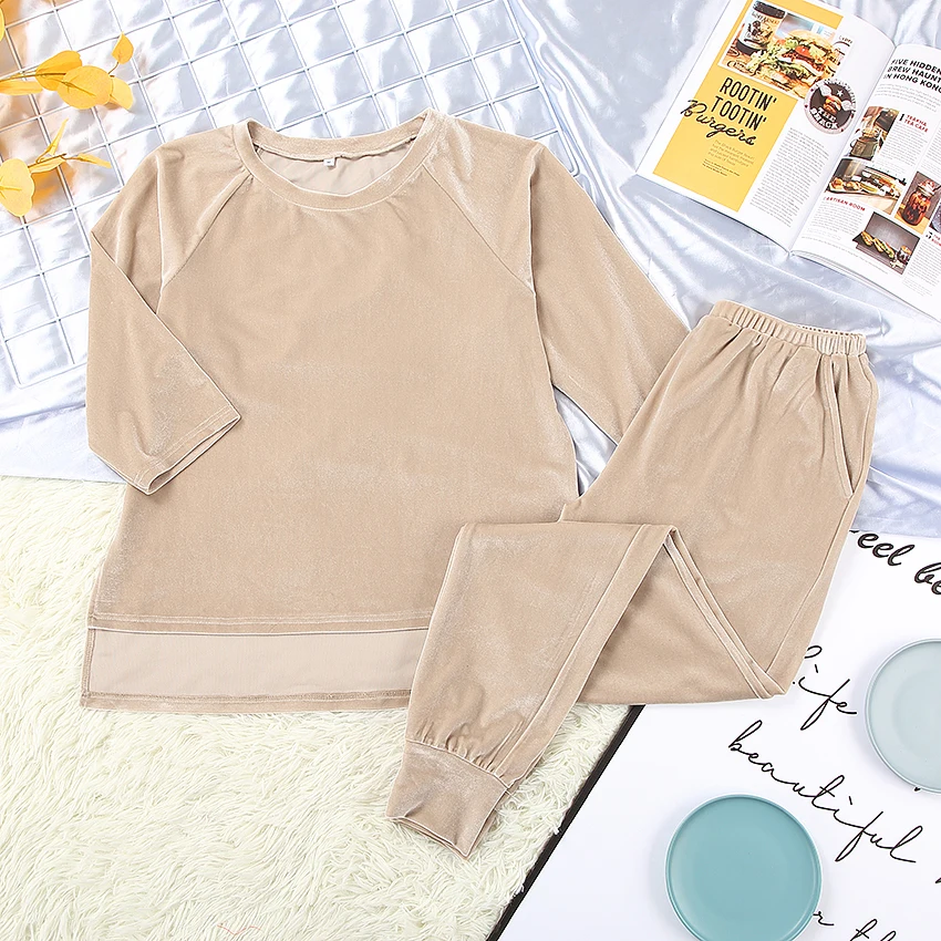 HiLoc Knitted Velvet Sleepwear Women Irregular Home Suit Winter Sets 2024 Warm Khaki Solid Female Pajamas Top And Pants Spring