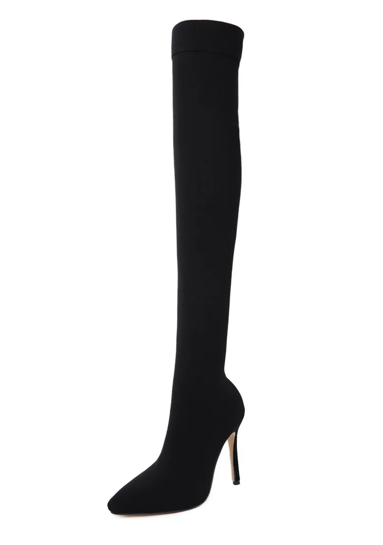 

New Fashion Long high heel boots Stretch Fabric Sock Boots Pointy Toe Over-the-Knee Heel Thigh High Pointed Toe Woman Boot Large