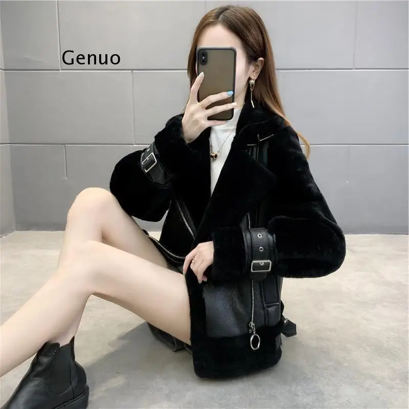 Autumn Winter Jacket Lamb Fur Faux Leather Jacket Casual  Women Coats and Jackets 5Xl Faux Pu Coat Short Jacket Outwear