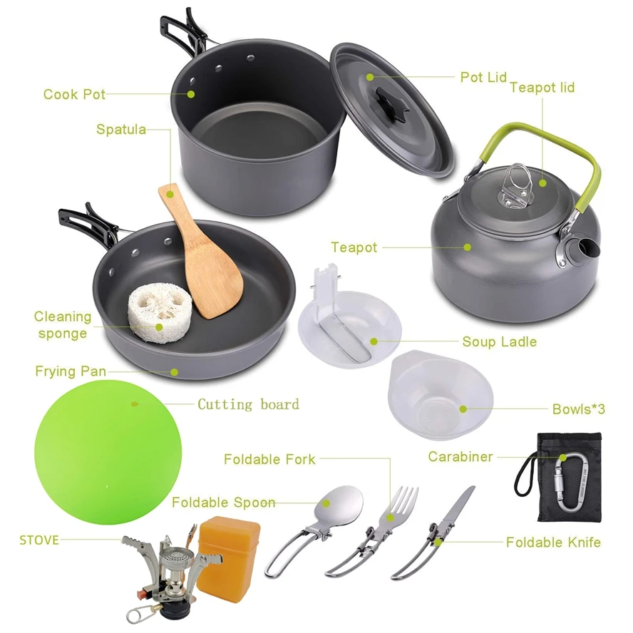 Outdoor Camping Cookware Set Portable Marching Utensils Tableware Cooking Stove Kit Picnic Cookware Gas Stove Boiler Head Teapot