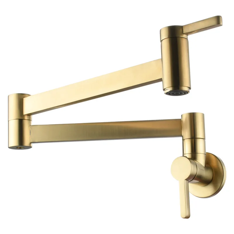 Pot Filler Tap Wall Mounted Foldable Kitchen Faucet Single Cold Single Hole Sink Tap Rotate Folding Spout Brushed Gold Brass