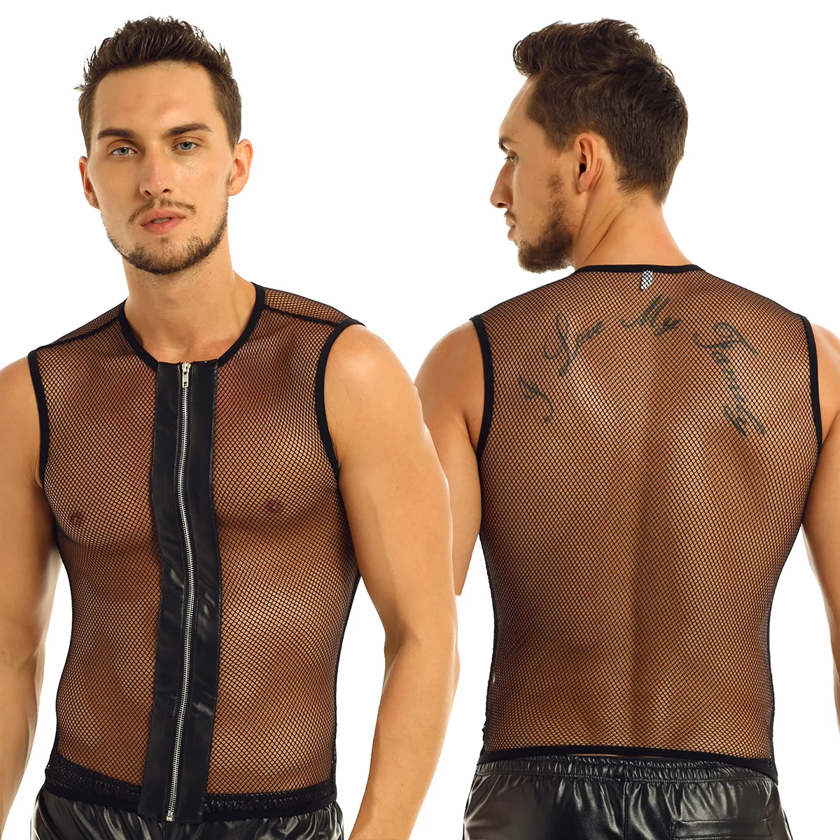 Sexy Club Wear uomo T-shirt in ecopelle camicie camicie uomo Stripe See-through Mesh Wet Look stretto Tees Gay Zipper corsetto Dancewear