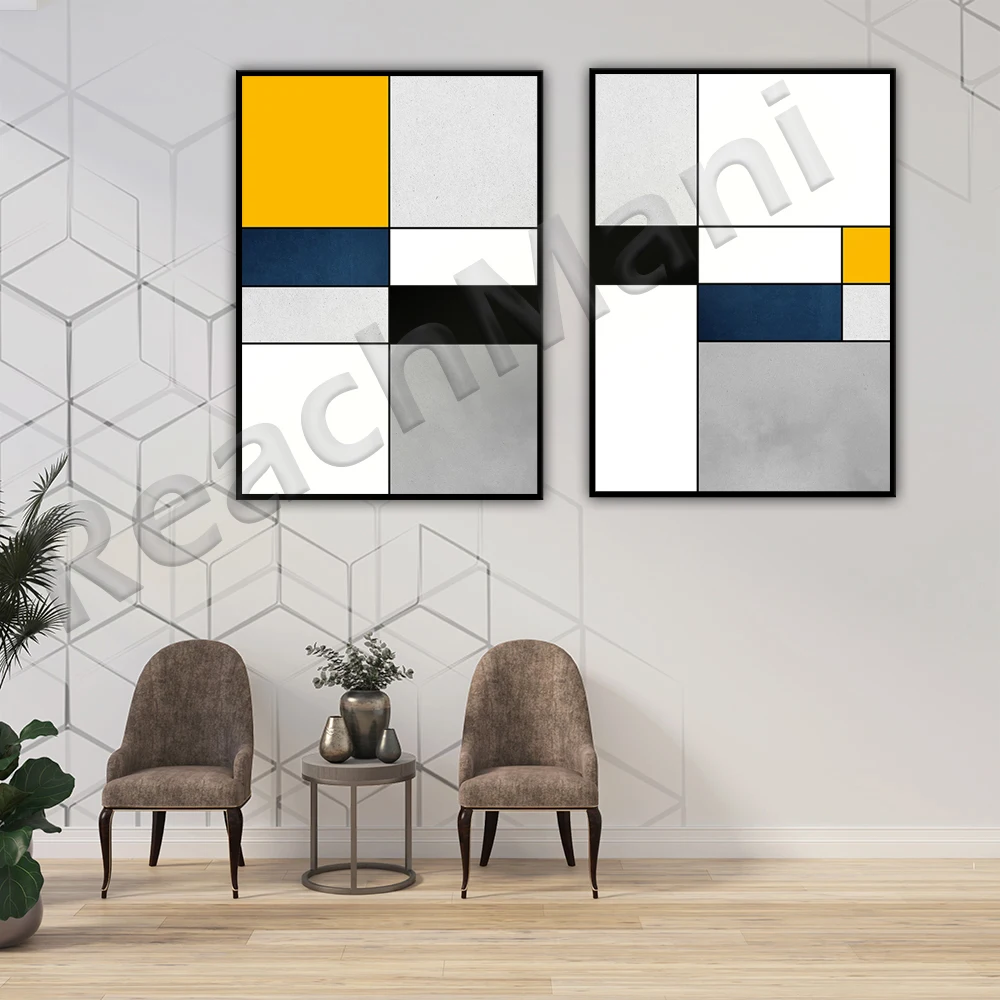 مجردة هندسية جدار الفن يطبع منتصف القرن الفن الحديث الأزرق الداكن أسود أصفر الفن للطباعة باوهاوس الملصقات