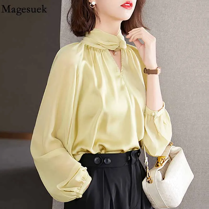 

Elegant V-neck Blouse Fashion Long Sleeve Shirt Office Lady Women Chiffon Shirts Hollow Tops Autumn 2022 Women Tops Blusas 16211