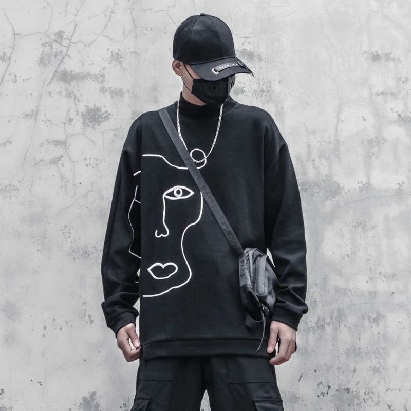 Unisex portrait abstraction printed half turtleneck Men's clothes Harajuku Hihop streetwear Sweatshirt oversized High street