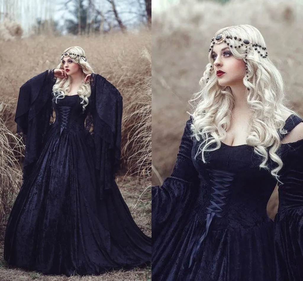 Vintage Schwarz Gothic Hochzeit Kleider plus größe aus schulter Gwendolyn Prinzessin Fee Medieval Samt und Spitze Hochzeit Kleid