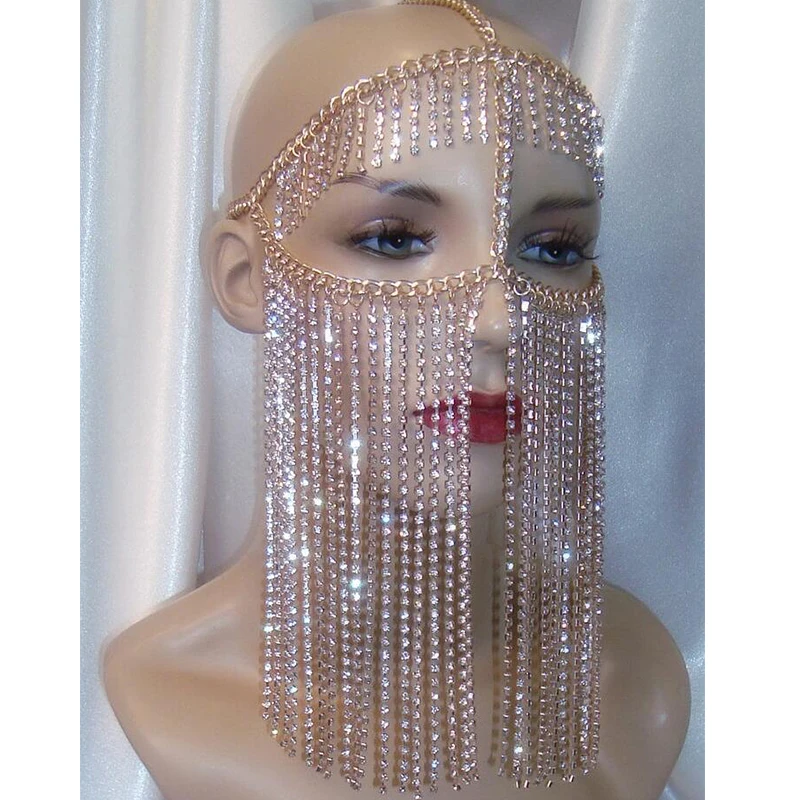 Punk Alloy Mask Tassel Rhinestone Belly Dance Performance Accessories Nightclub Bar Party DJ DS Female Singer Headdress DWY2906