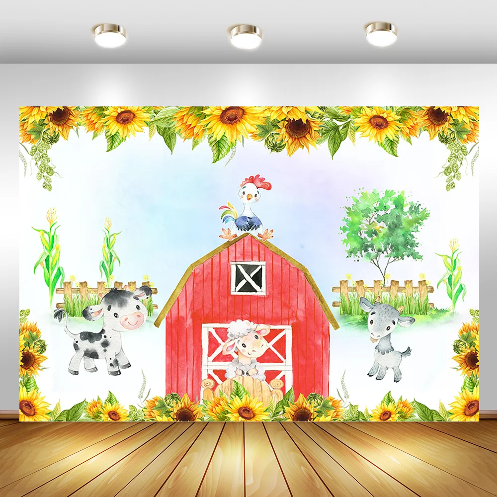 

MOCSICKA Farm Theme Birthday Backdrop Golden Sunflower Red Barn Photography Background Animal Sheep Cow Cock Banner Backdrops