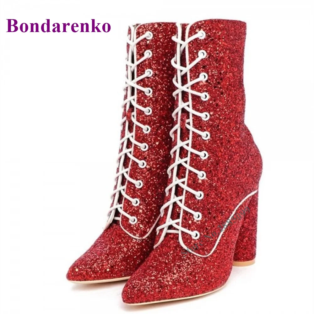 

Red Glitter Chunky Heel Boots Lace up Ankle Pointed Toe Solid Cross Tied Fashion Lady Autume Winter Party Dress Short Boots Shoe