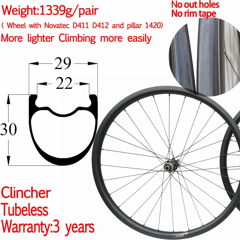 3 Years Warranty Light 1339g Carbon Road Bike Gravel Disc Wheel Width 29mm High 30mm Carbon Wheelset Disc Cyclocross Wheels