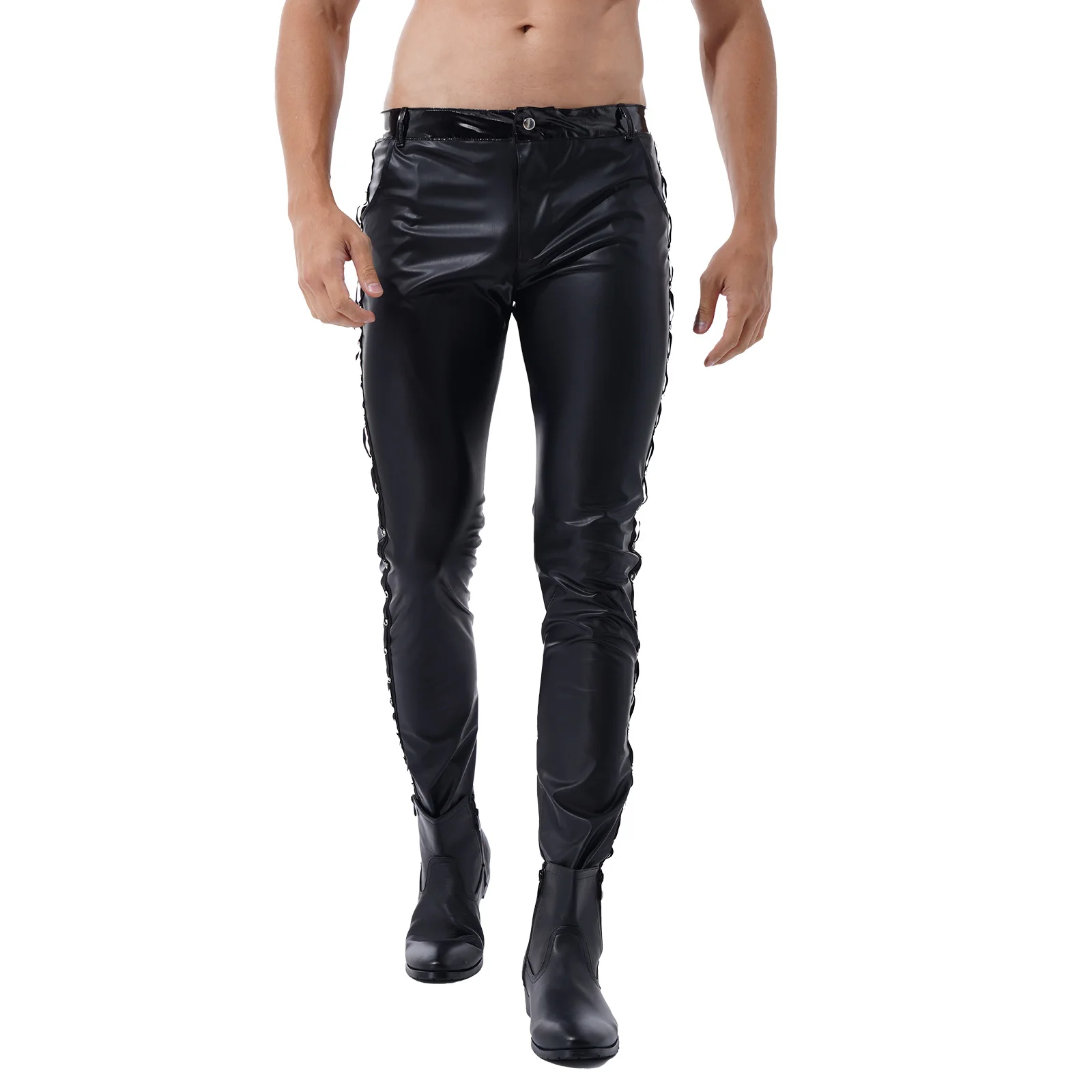 Men Leather Pants Skinny Fit Elastic Style Fashion PU Leather Trousers Motorcycle Pants for Party Stage Performance Night Club