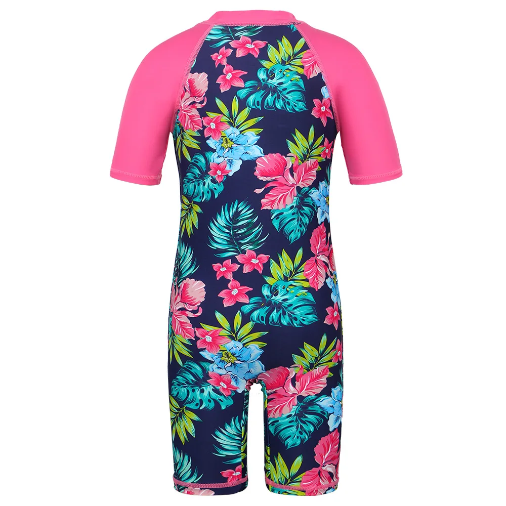 BAOHULU Navy Floral Kids Swimsuit UV UPF50+ Short Sleeve Toddler Girls Swimwear Children Swimming Suit Beachwear for 2-11 Yrs