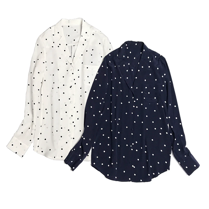 100% High Quality Silk Blouse Women Shirt Elegant Simple Design Long Sleeves Polka dot V Neck Graceful Style New Fashion