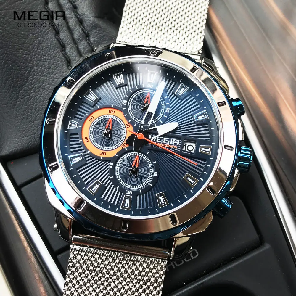 Megir-reloj analógico con correa de malla para hombre, accesorio de pulsera de cuarzo resistente al agua con calendario, marca de lujo deportivo de