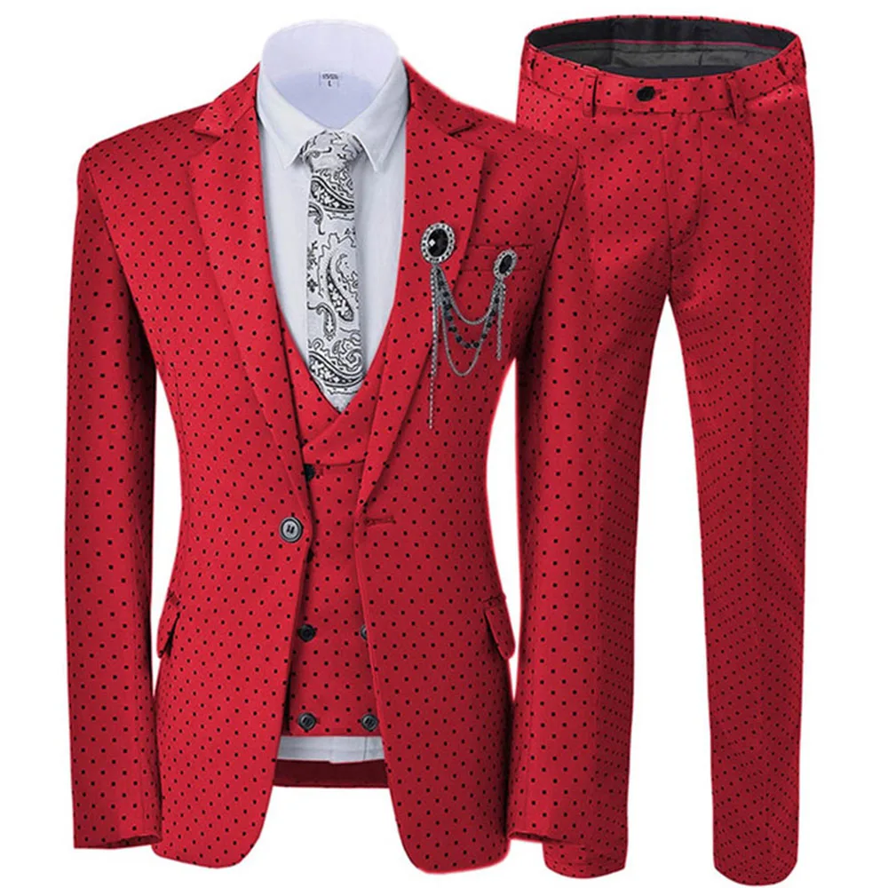 3Pcs Jacket Pants Vest Dots Printed Men Wedding Suits Sets Multiple Colour Slim Fit Notch Lapel Tuxedo Best Mens Blazer Trousers