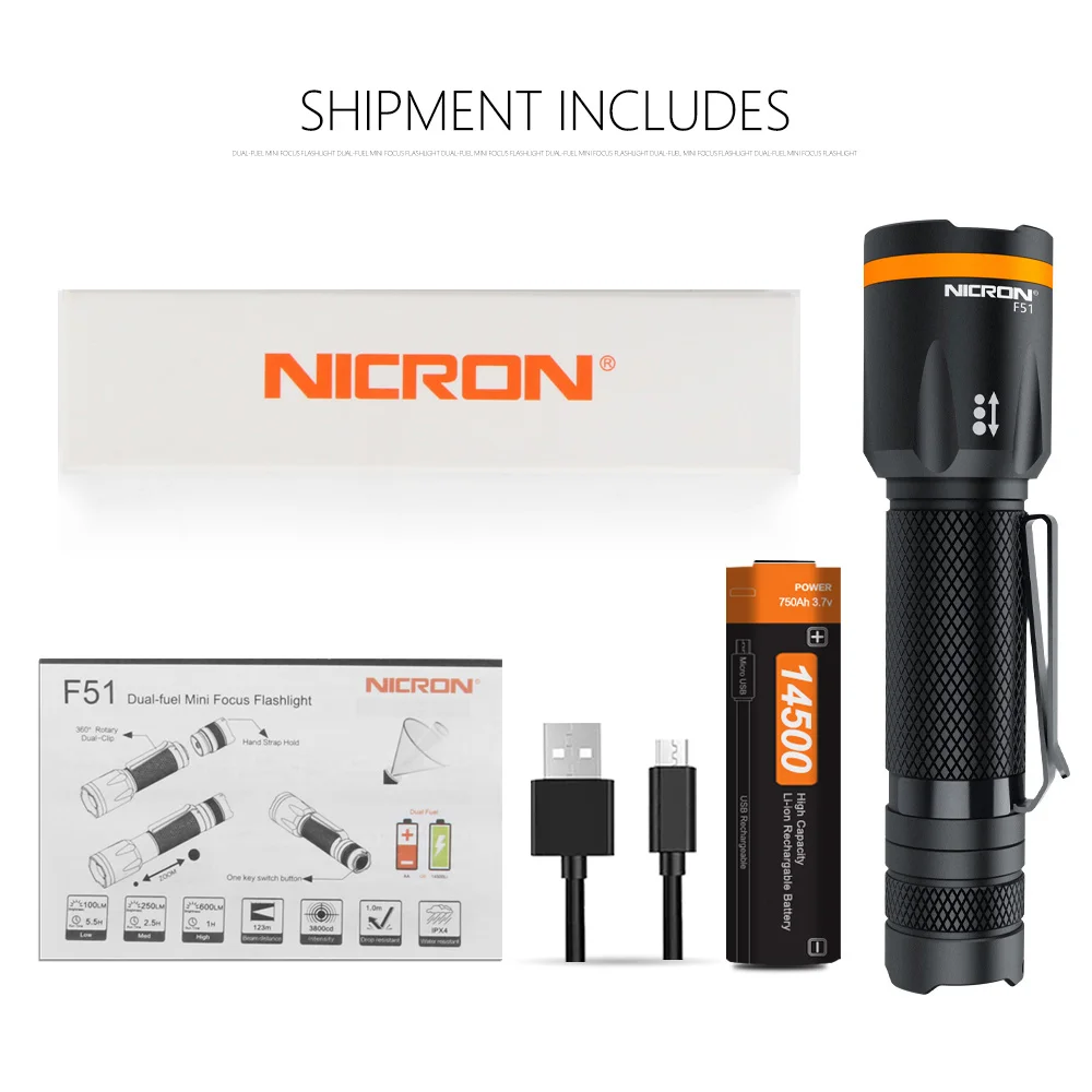 NICRON F51 Zoomable LED Flashlight 600 Lumens 14500 Li-ion Battery IPX4 Waterproof For Riding Outdoor Mini LED Torch Light