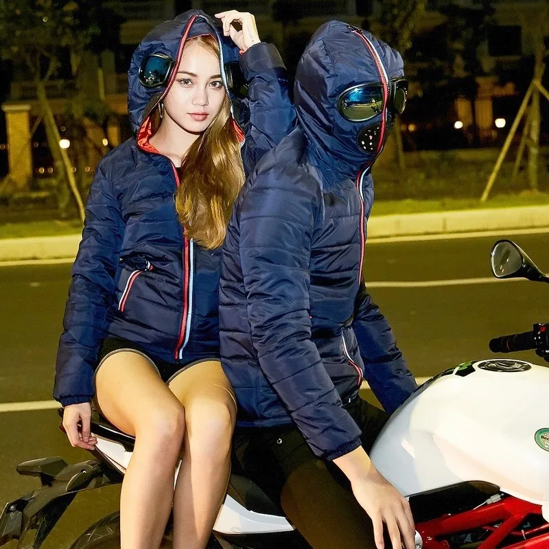 Personality Lovers Cosplay Mask Down Jacket Men Women Motorcycle Outerwear Clothes Hooded Parka Fashion Winter Casaco Masculino