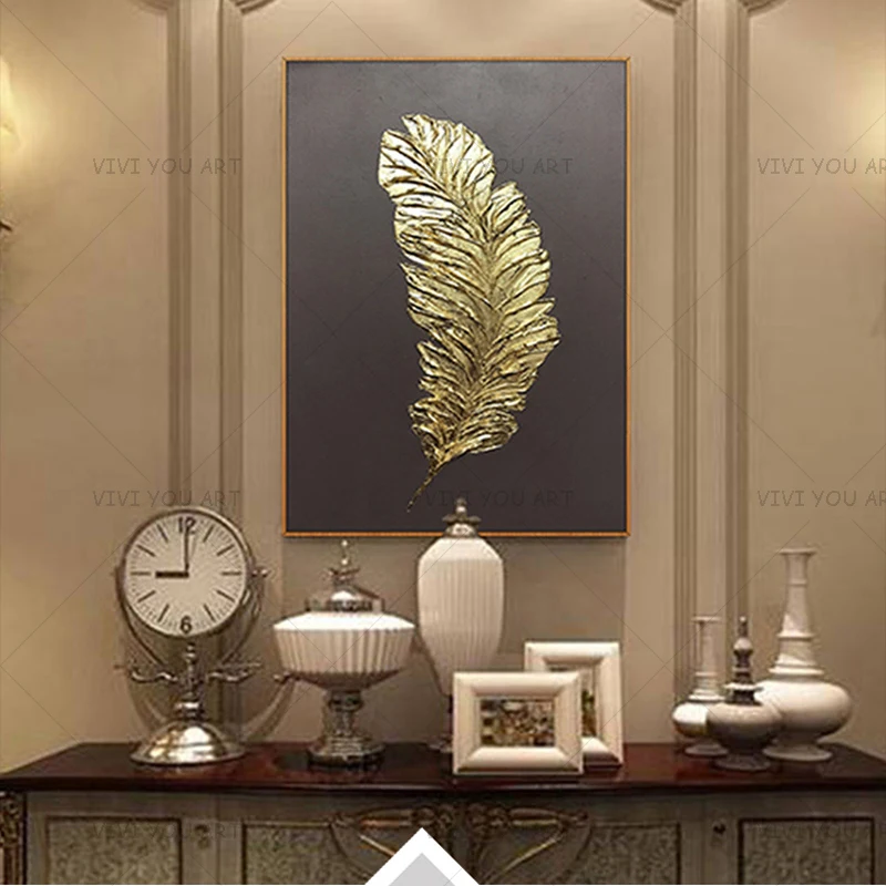 Dark Background Golden Plume Oil Painting, Contemporary Art Handpainted Vertical Wall Decor