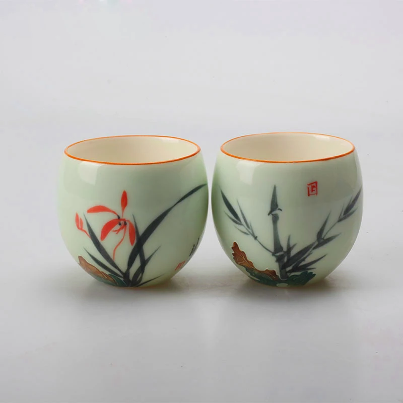 Retro Style Celadon Home Teacup, Hand-painted Kung Fu Ceramic Cup, Large Kiln Set, NO.YZ101