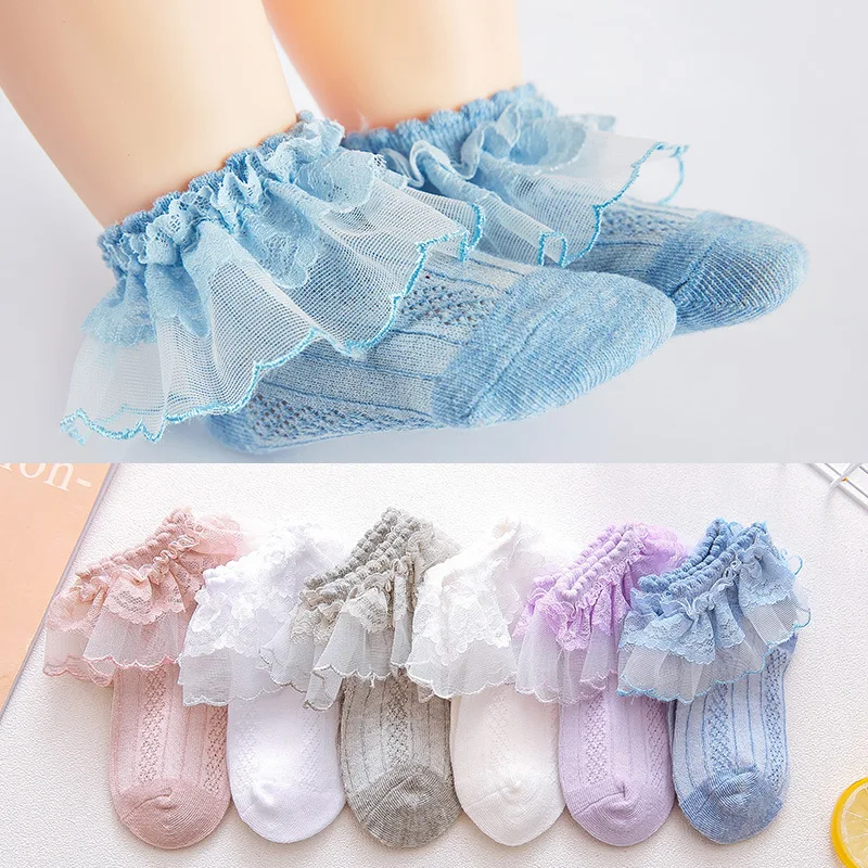 Spring Summer Baby Girls Double Layer Frilly Lace Socks for Kids Mesh Cotton Ruffle Socks Princess Toddlers Dress Socks