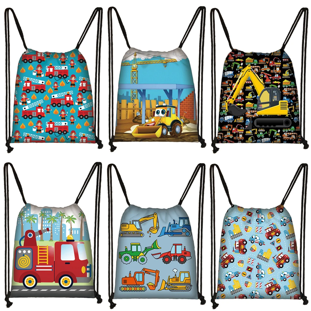 Cartoon Firetruck Excavator Print Backpack Children Shoulder Bags Kids Drawstring Bags Boys Girls Book Bag Shoes Holder Gift