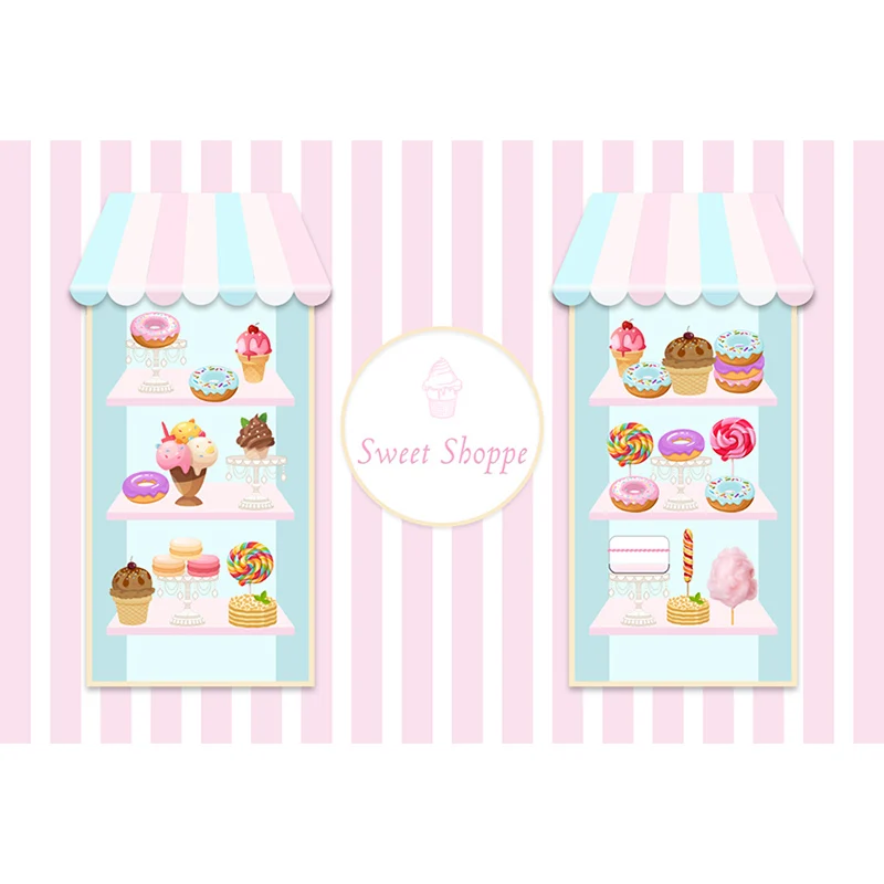 Sweet Shop Backdrop Birthday Baby Shower Donut Ice Cream Cake Pink Stripes Photography Background Decoration